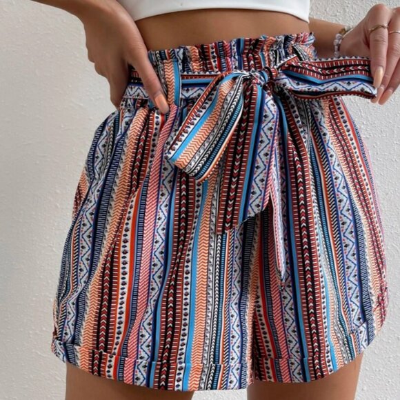Source Unknown Pants - Women's Geo Print Paperbag Waist Belted Shorts Lightweight Summer Shorts Size Lg